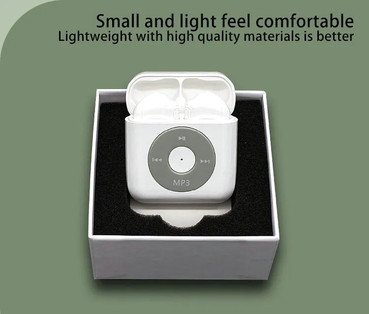 White wireless Bluetooth semi-in-ear earphones with a charging case on a plain background.