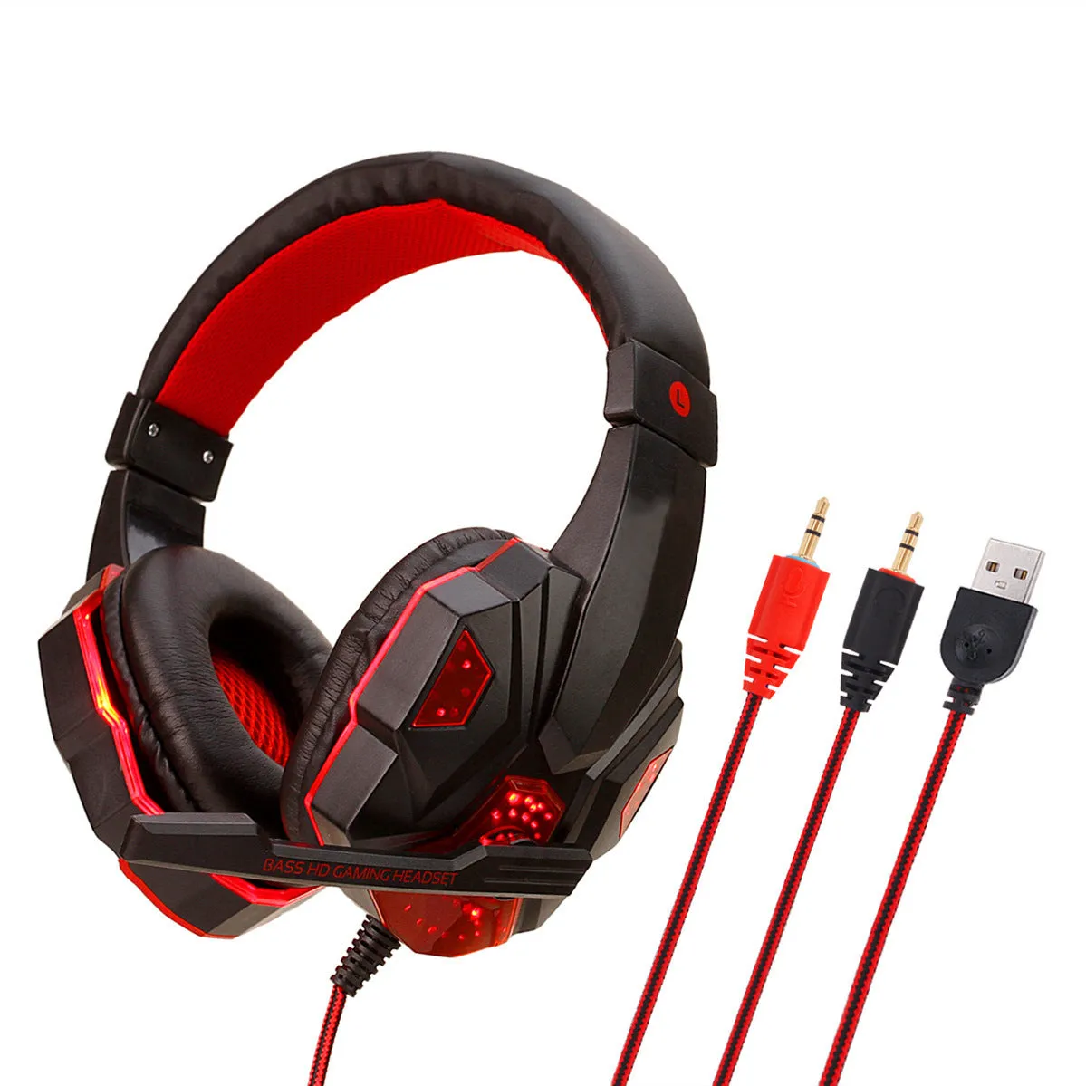 Wired gaming headset with braided cable and leather ear pads in black and red colour option