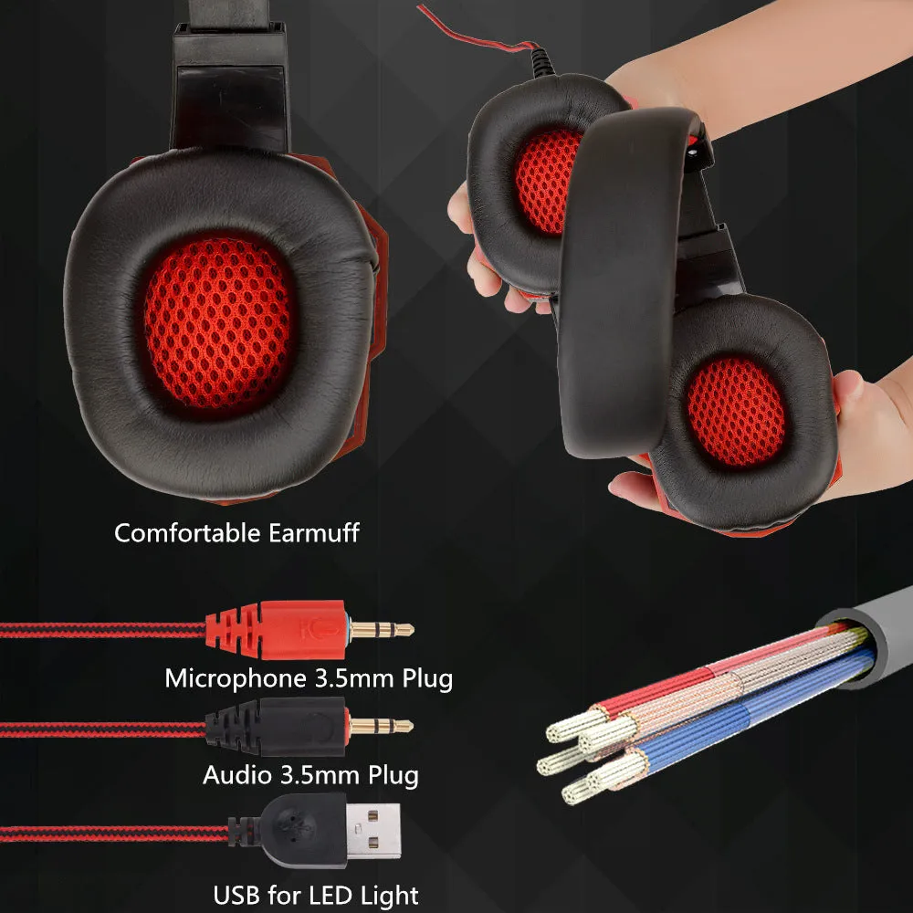 Wired gaming headset with braided cable and leather ear pads in black and red colour option