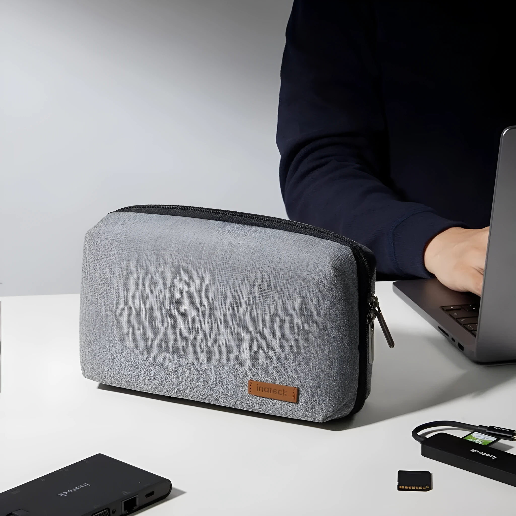 Grey polyester Japanese style cylindrical storage bag for data cables and accessories