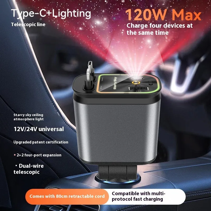 120W four-in-one telescopic car charger with starry sky spotlight and 80cm retractable cable