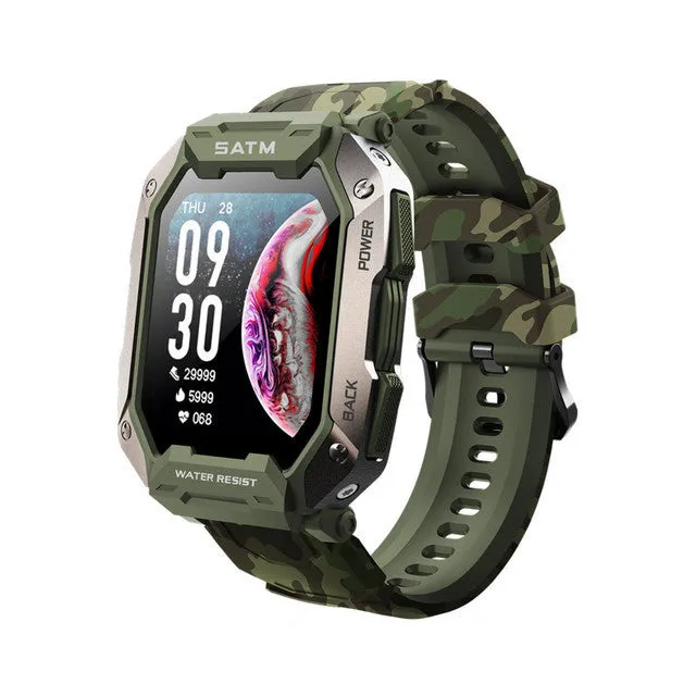 Men's smartwatch with silicone wristband showing health monitoring display
