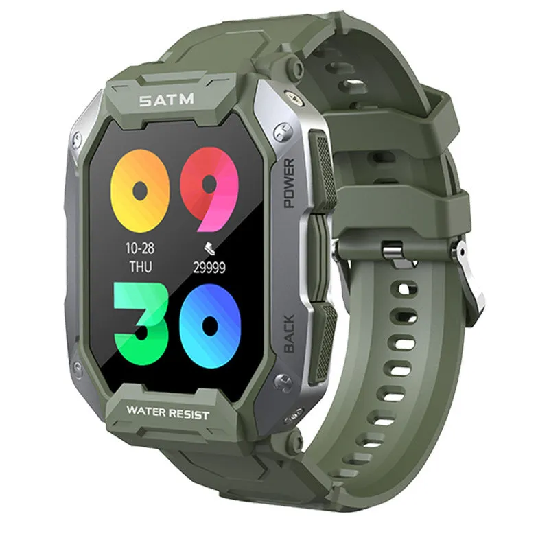 Men's smartwatch with silicone wristband showing health monitoring display