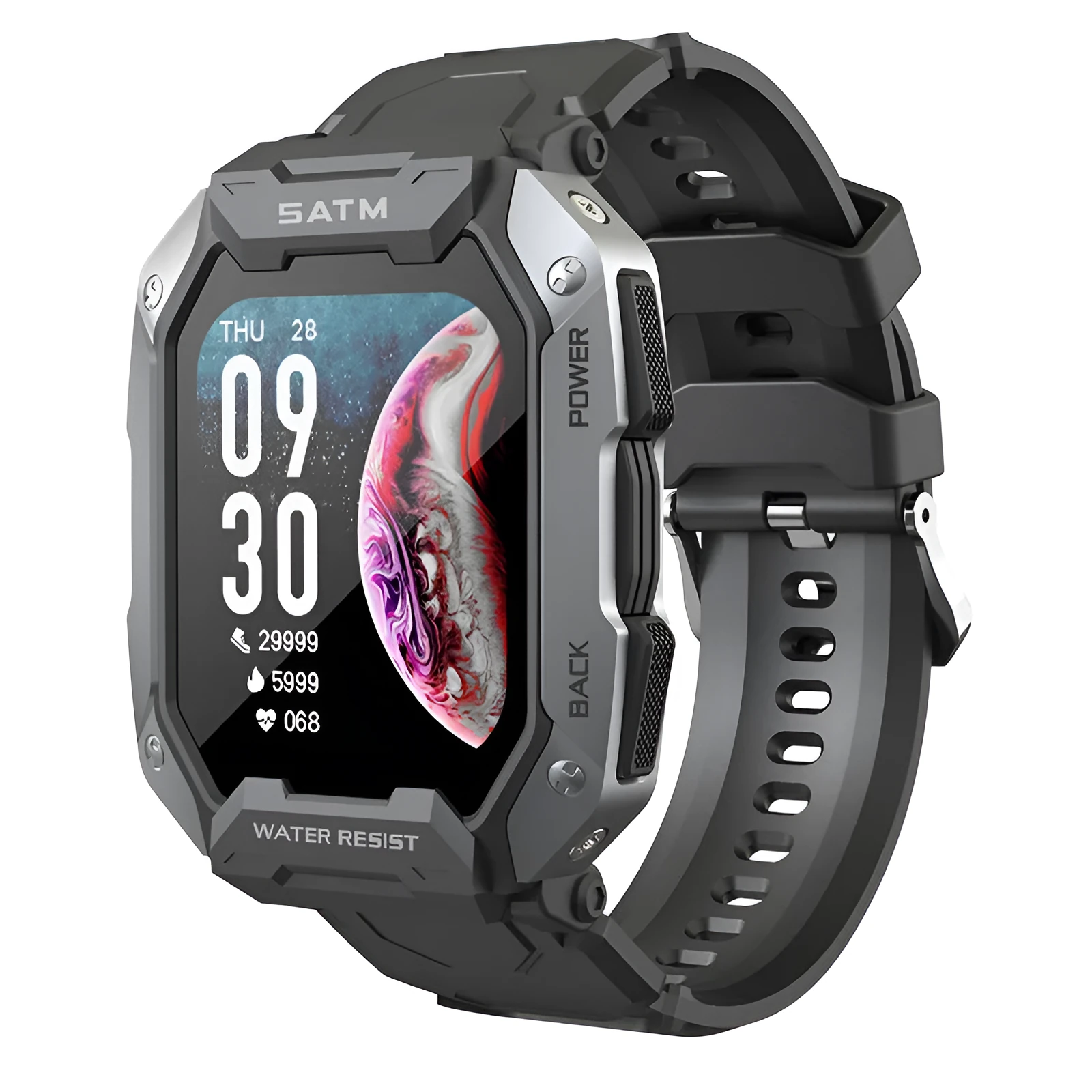 Men's smartwatch with silicone wristband showing health monitoring display