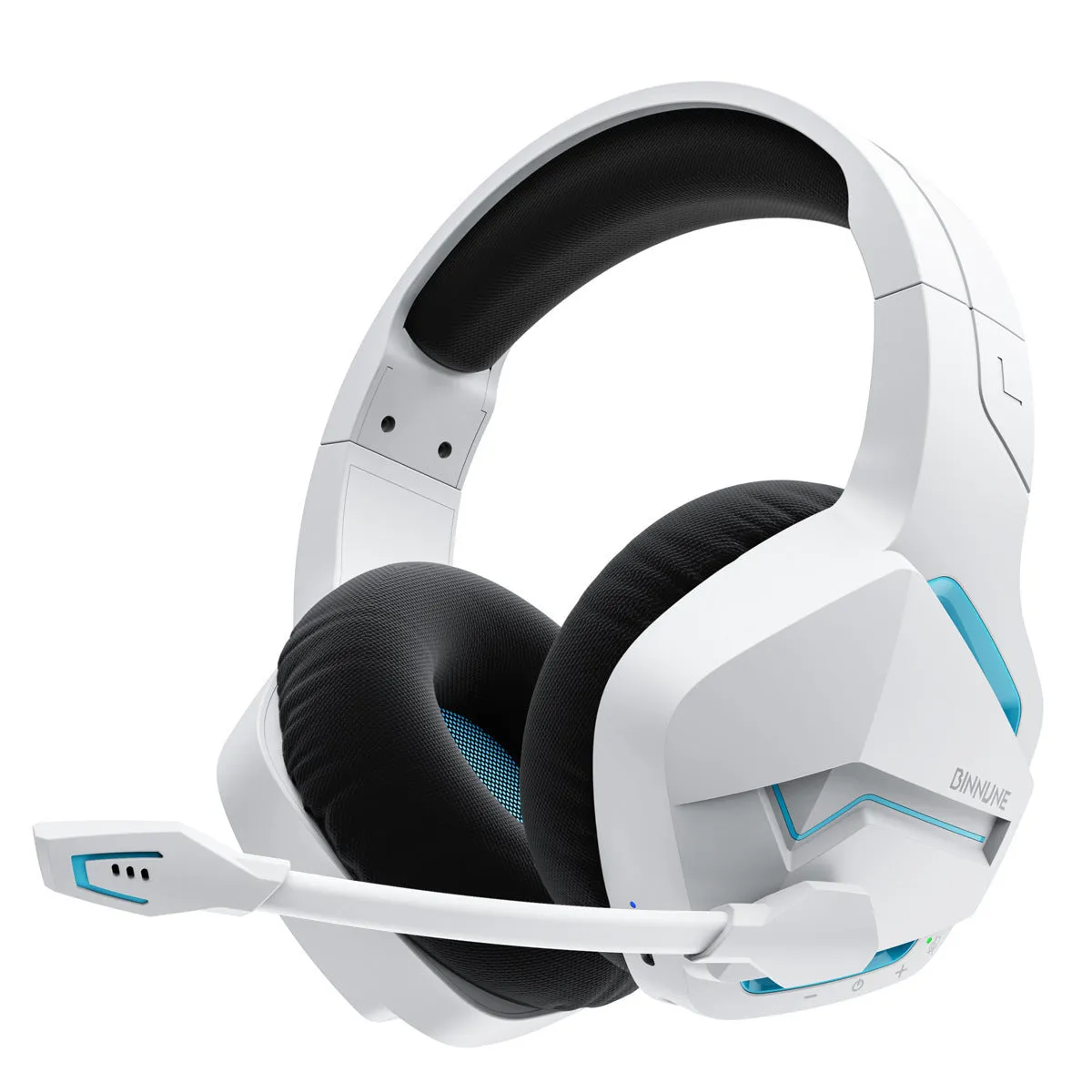 Wireless gaming headset with blue and black colour scheme, over-ear design, and built-in microphone