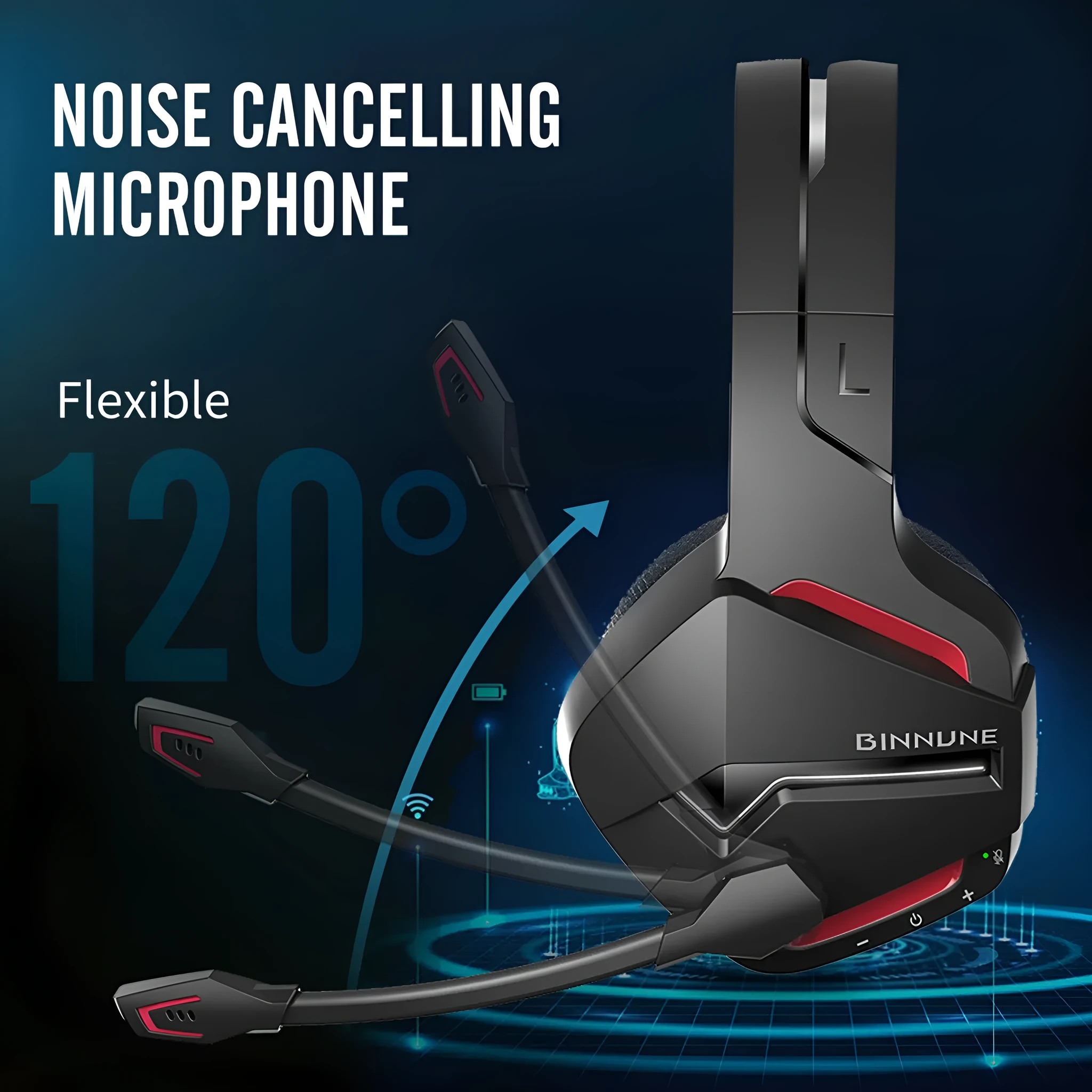 Wireless gaming headset with blue and black colour scheme, over-ear design, and built-in microphone