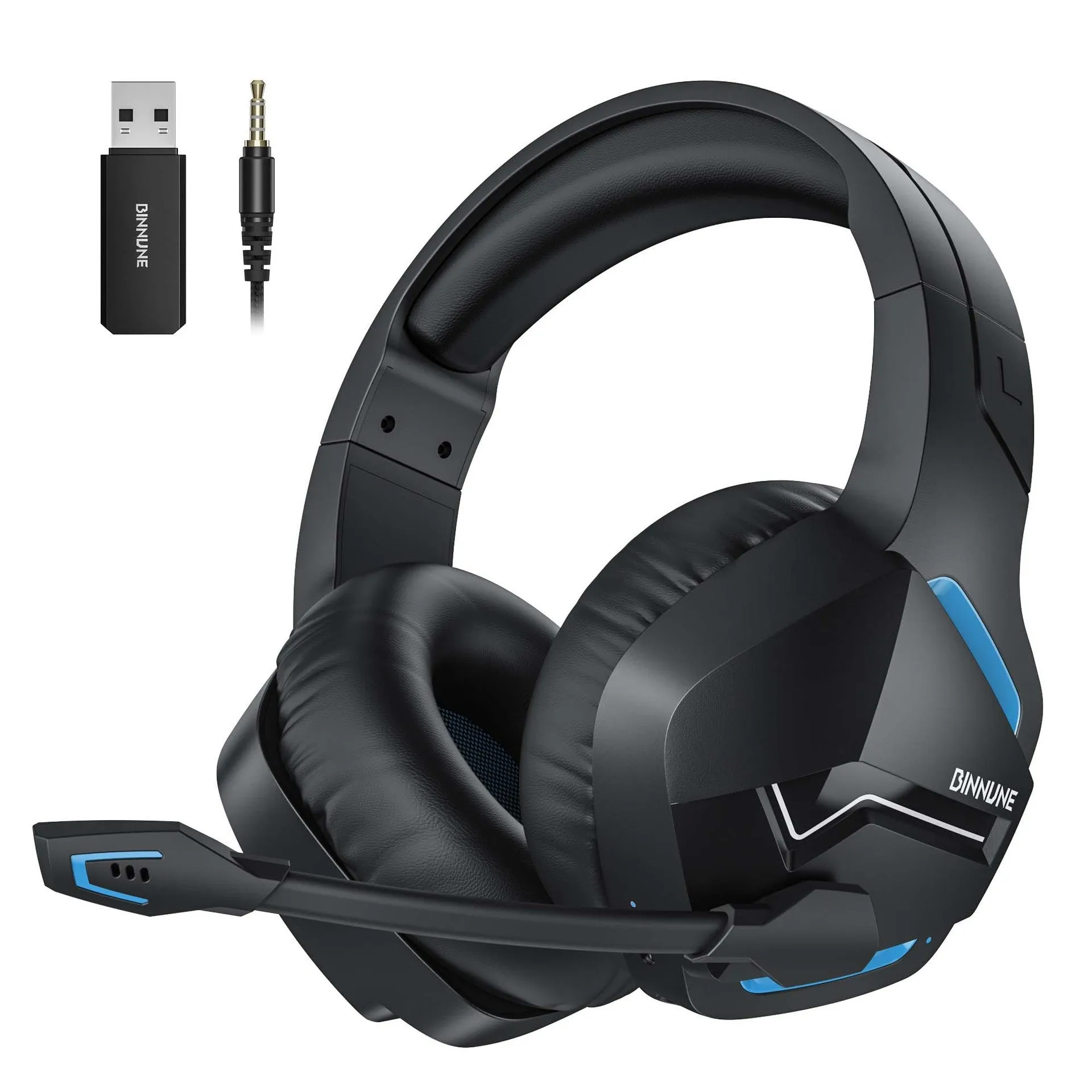 Wireless gaming headset with blue and black colour scheme, over-ear design, and built-in microphone