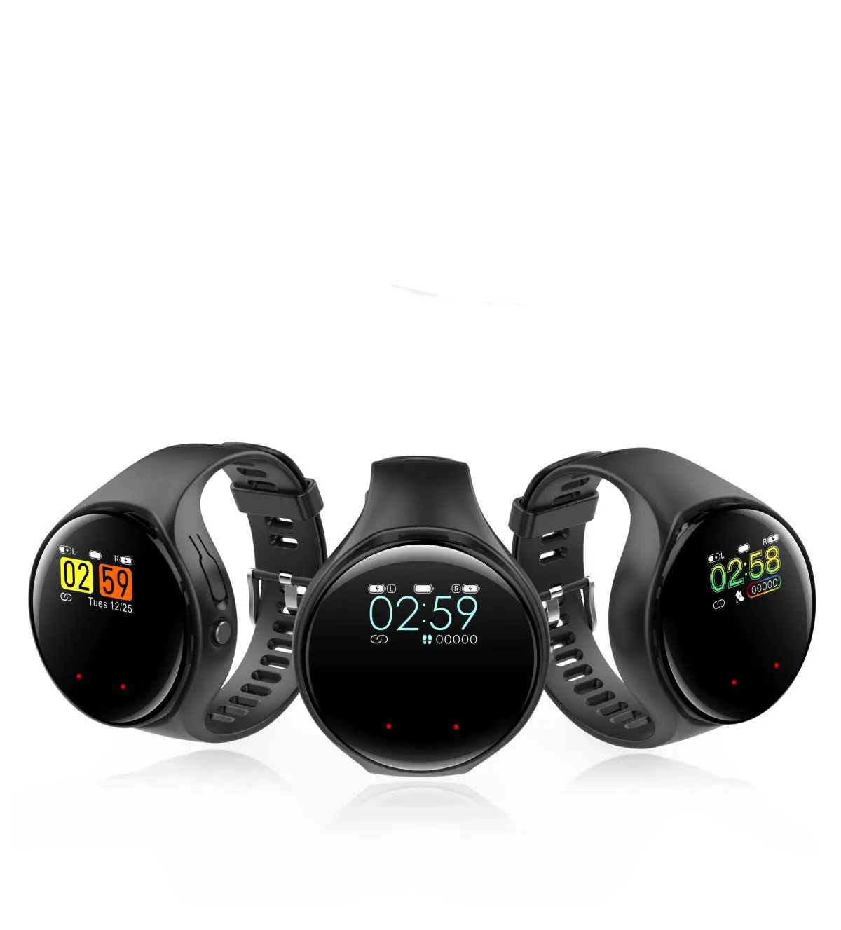 Black smart fitness bracelet with detachable TWS Bluetooth earbuds on a wrist, showing colour screen.