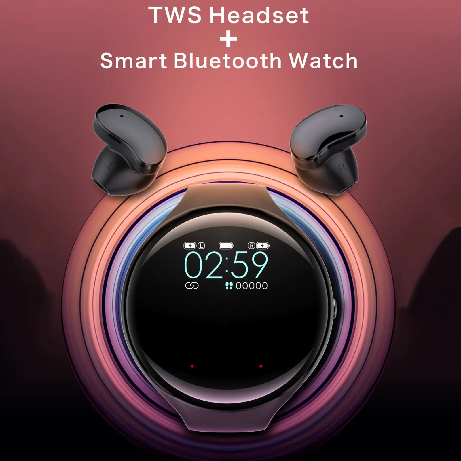 Black smart fitness bracelet with detachable TWS Bluetooth earbuds on a wrist, showing colour screen.