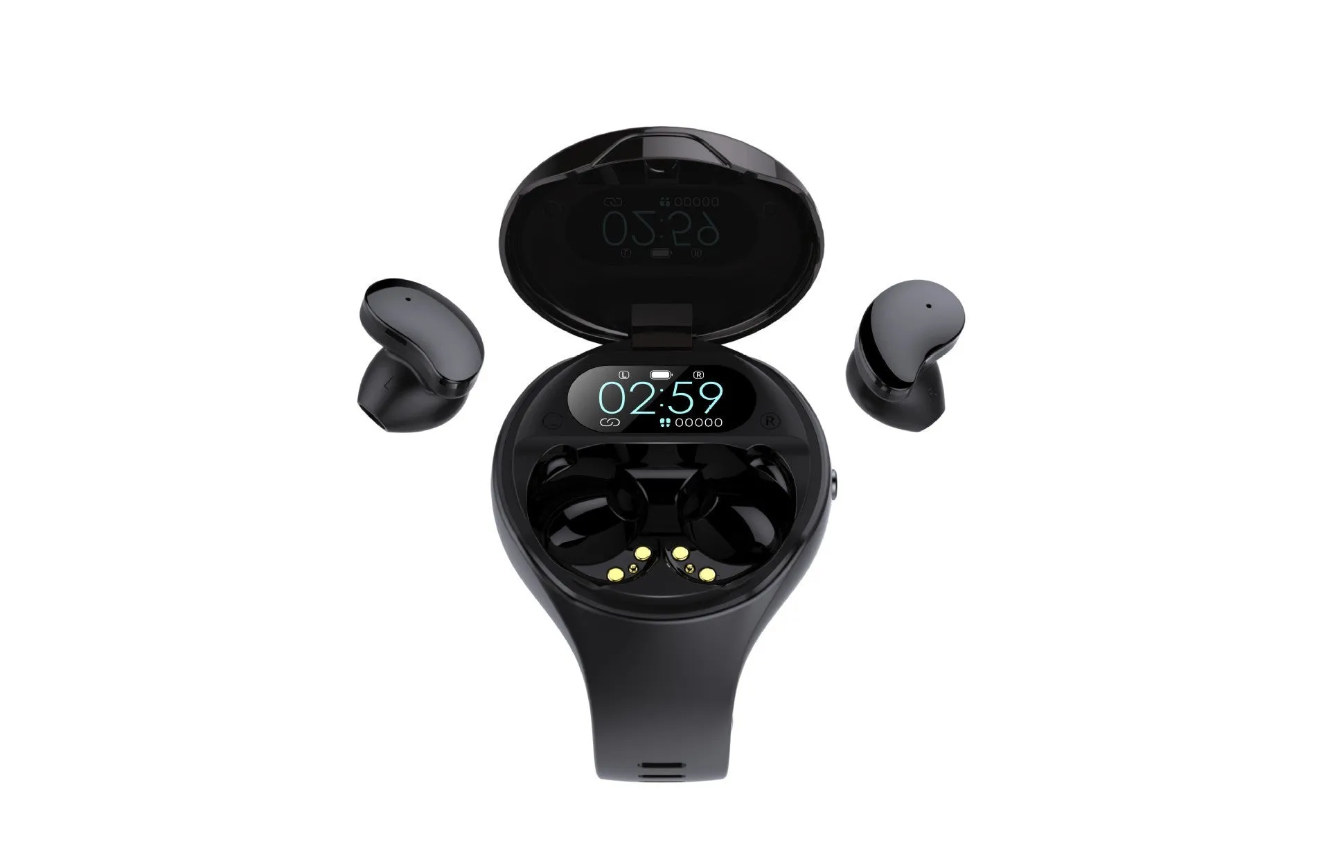 Black smart fitness bracelet with detachable TWS Bluetooth earbuds on a wrist, showing colour screen.