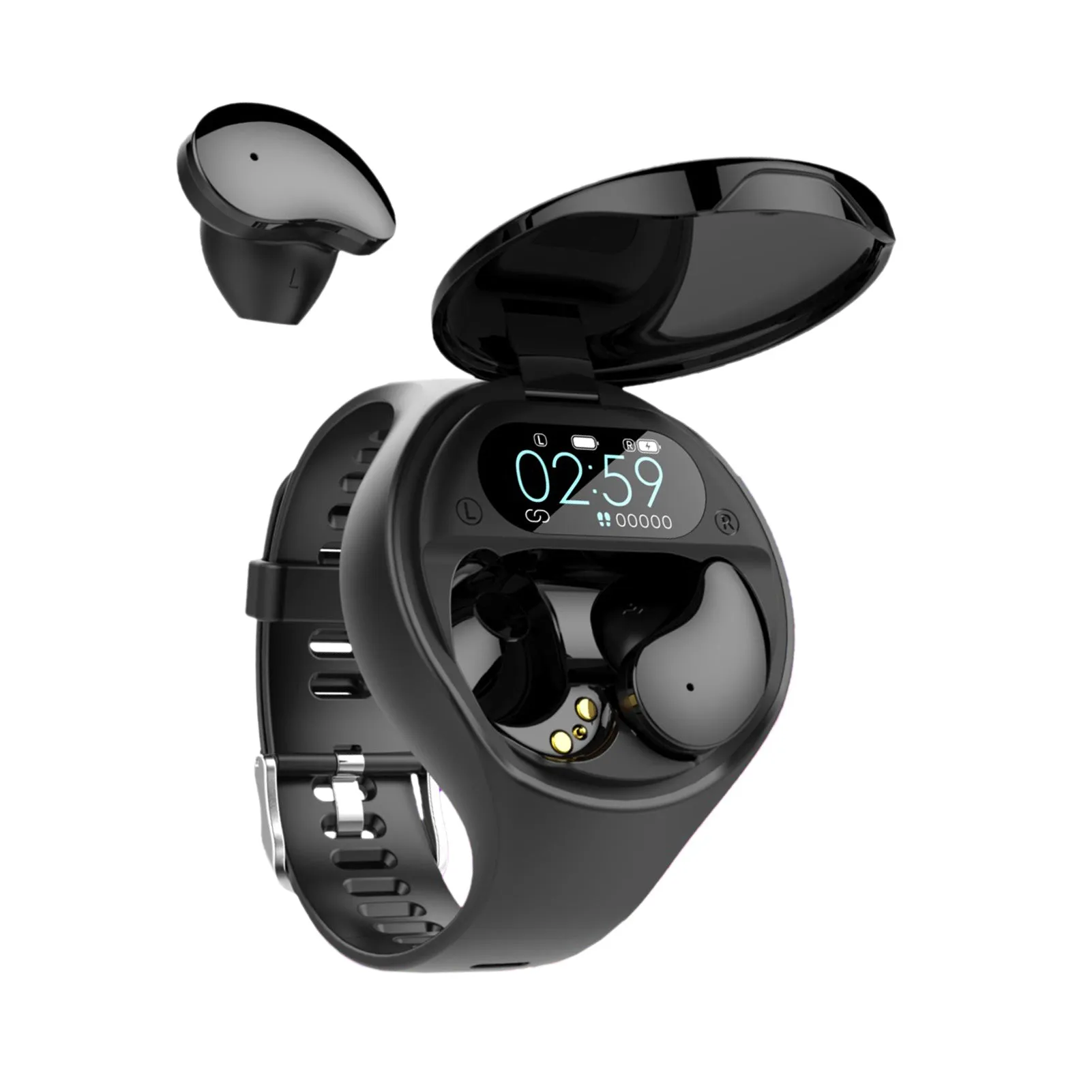 Black smart fitness bracelet with detachable TWS Bluetooth earbuds on a wrist, showing colour screen.