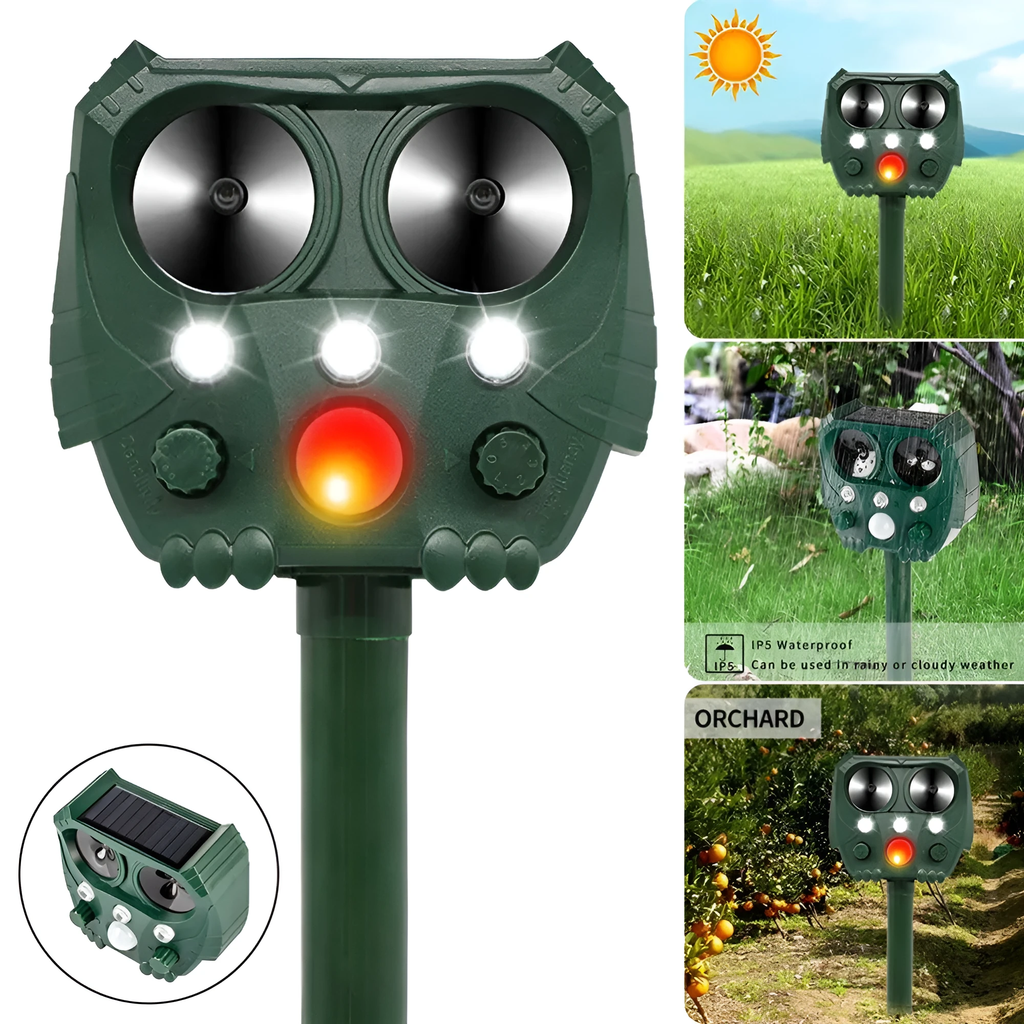 Green solar-powered ultrasonic animal repeller unit for outdoor pest and dog control.