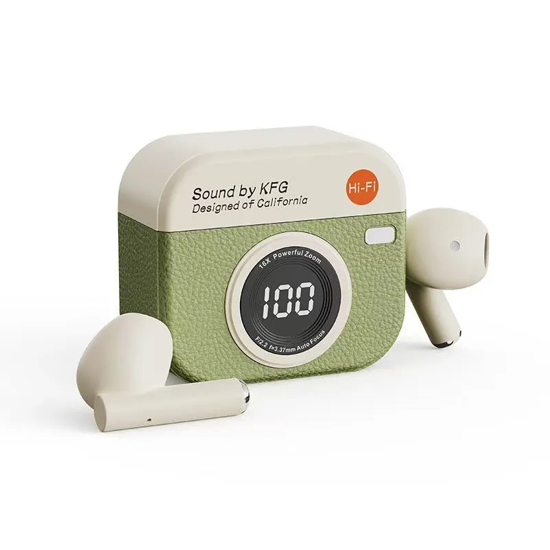 Retro Camera Q86 wireless Bluetooth headset in in-ear design, available in brown green and white colours
