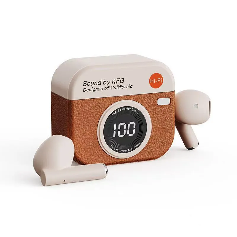 Retro Camera Q86 wireless Bluetooth headset in in-ear design, available in brown green and white colours