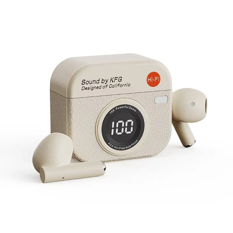 Retro Camera Q86 wireless Bluetooth headset in in-ear design, available in brown green and white colours