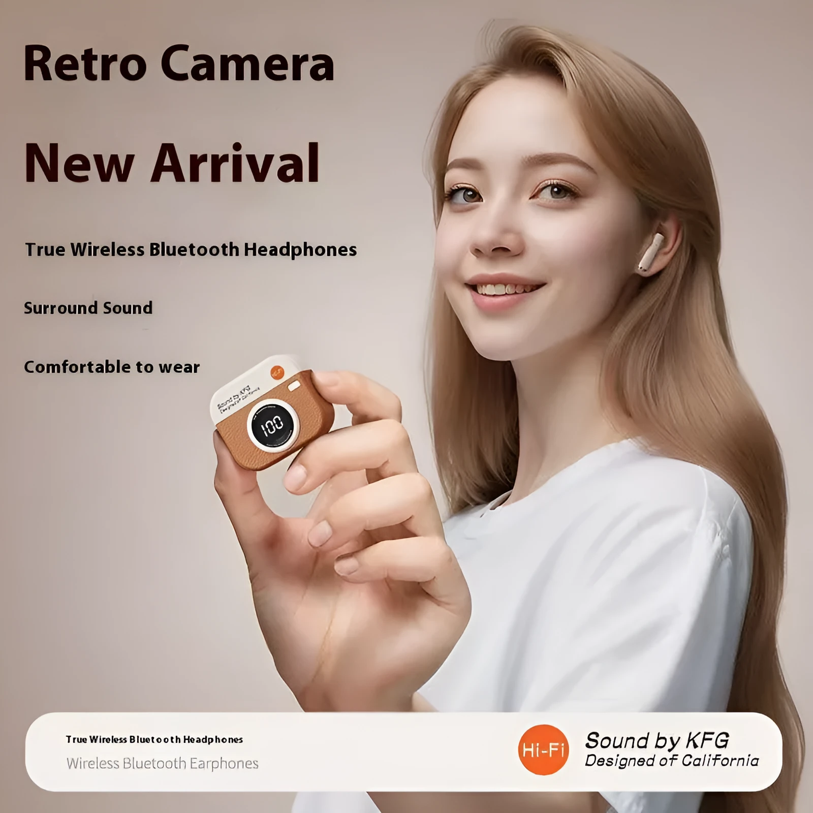 Retro Camera Q86 wireless Bluetooth headset in in-ear design, available in brown green and white colours