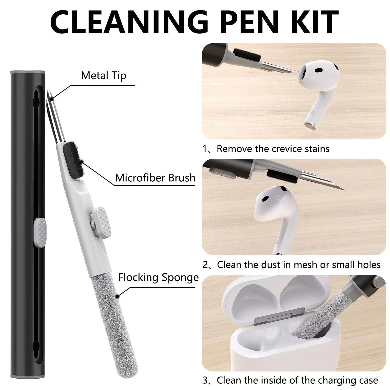 Set of silicone protective cover and cleaning pen for Airpods, embossed texture, black silicone case, white cleaning pen