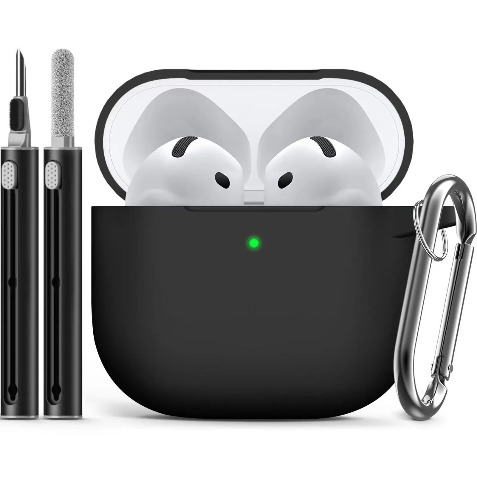 Set of silicone protective cover and cleaning pen for Airpods, embossed texture, black silicone case, white cleaning pen