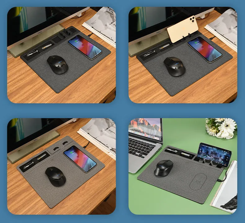 Wireless charging mouse pad with phone holder in black, showing USB cable and 320mm by 260mm size.