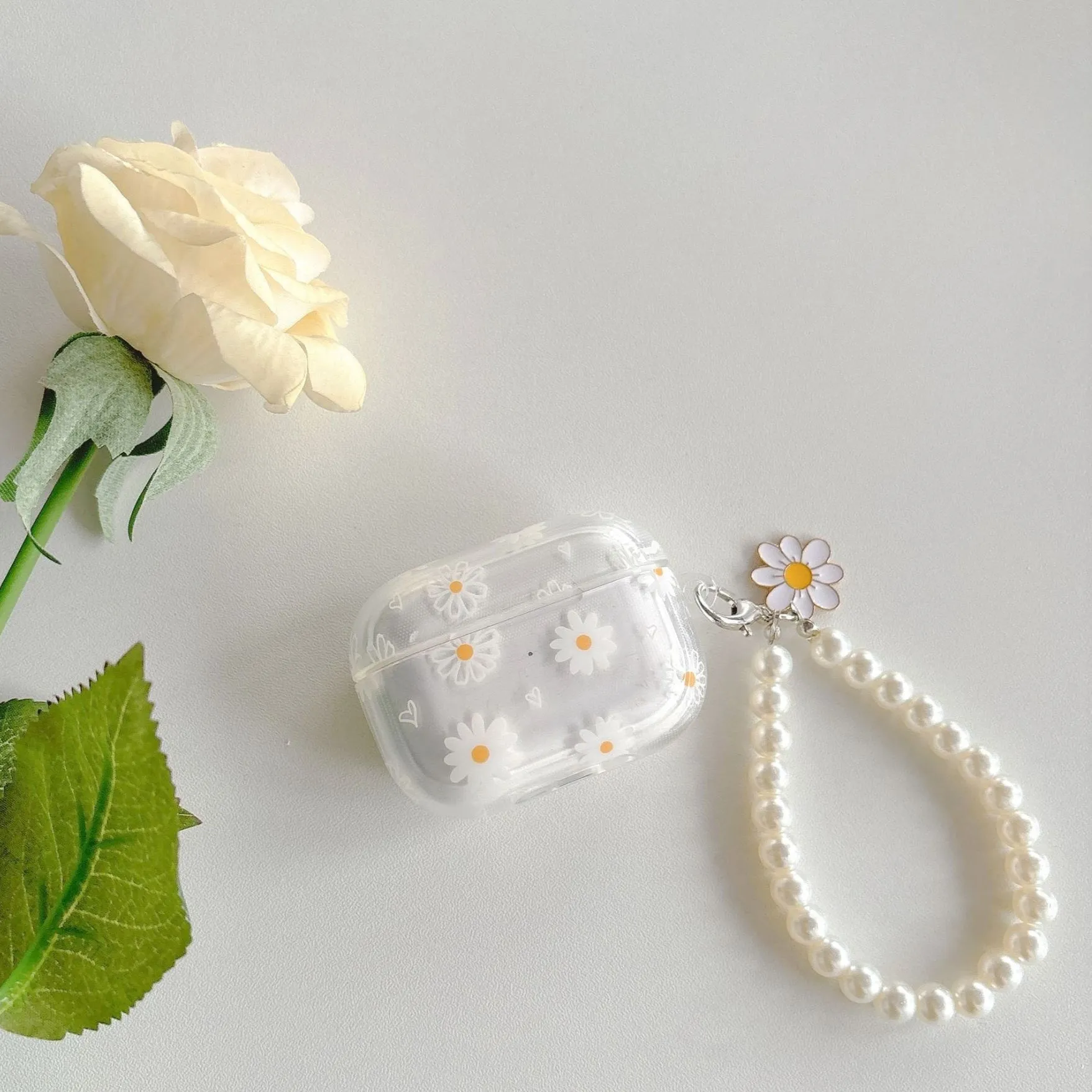 Transparent TPU Bluetooth headset protective cover with pearl pendant for Apple AirPods