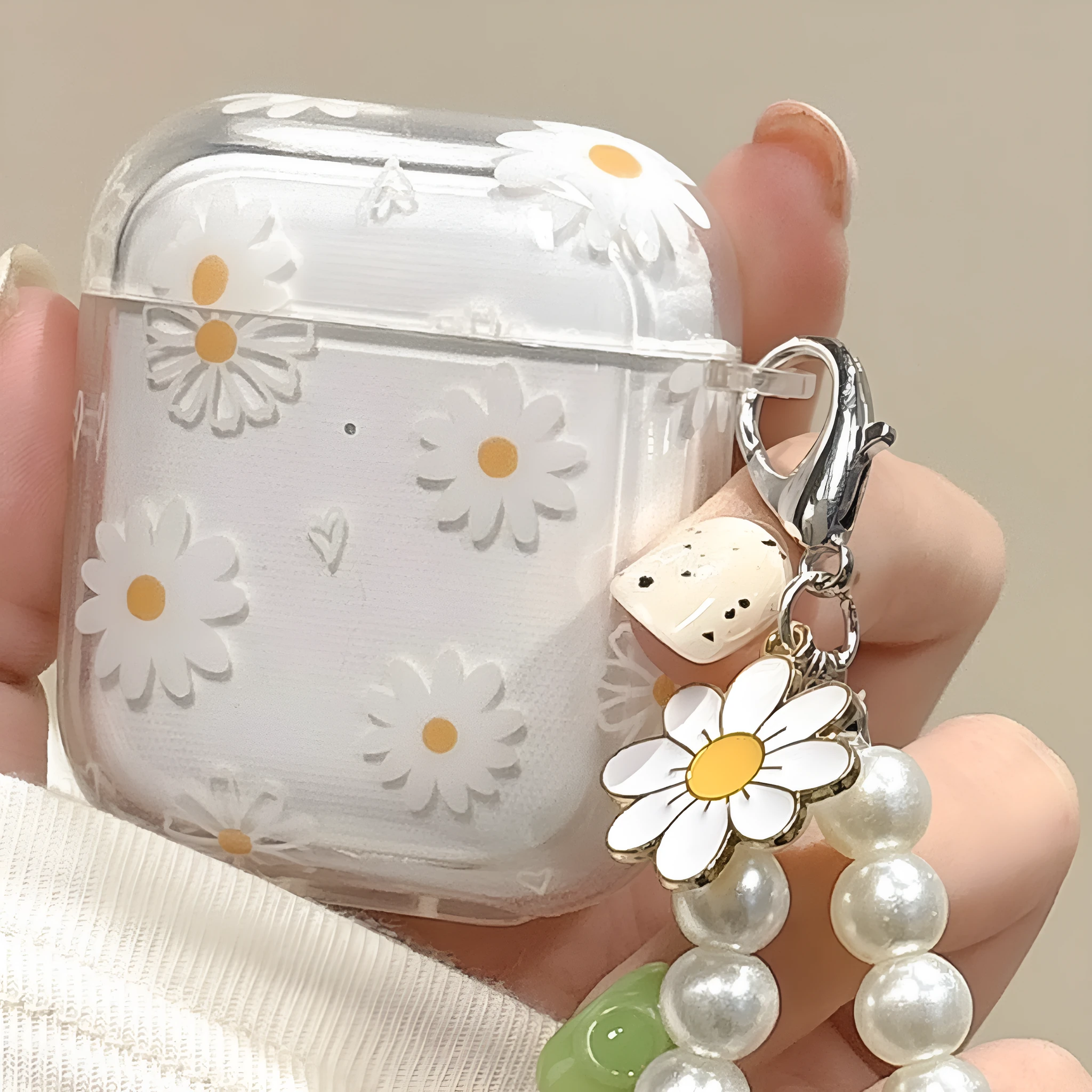 Transparent TPU Bluetooth headset protective cover with pearl pendant for Apple AirPods