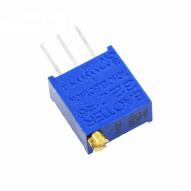 Blue multi turn precision potentiometer 20K 0.5W with glass glaze film on white background