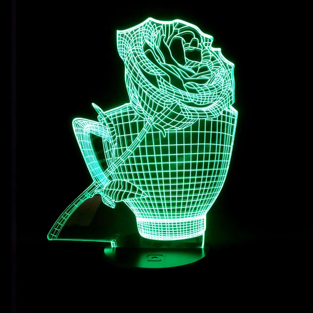 3D rose flower design night light showing colour-changing LEDs on acrylic panel with black ABS base.