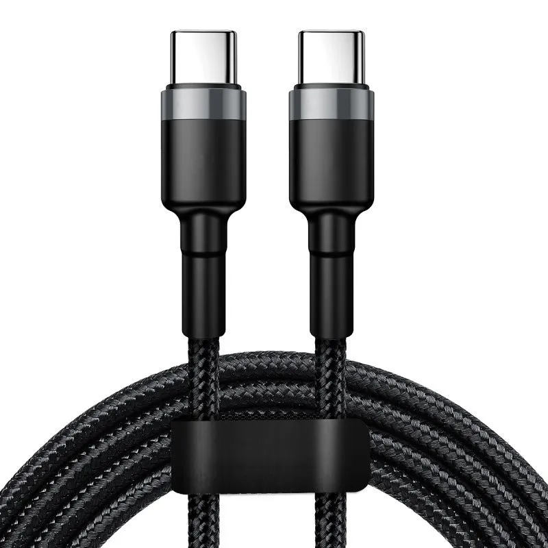 6A double USB Type-C cable 120W fast charge woven braided silver 1m length on white background