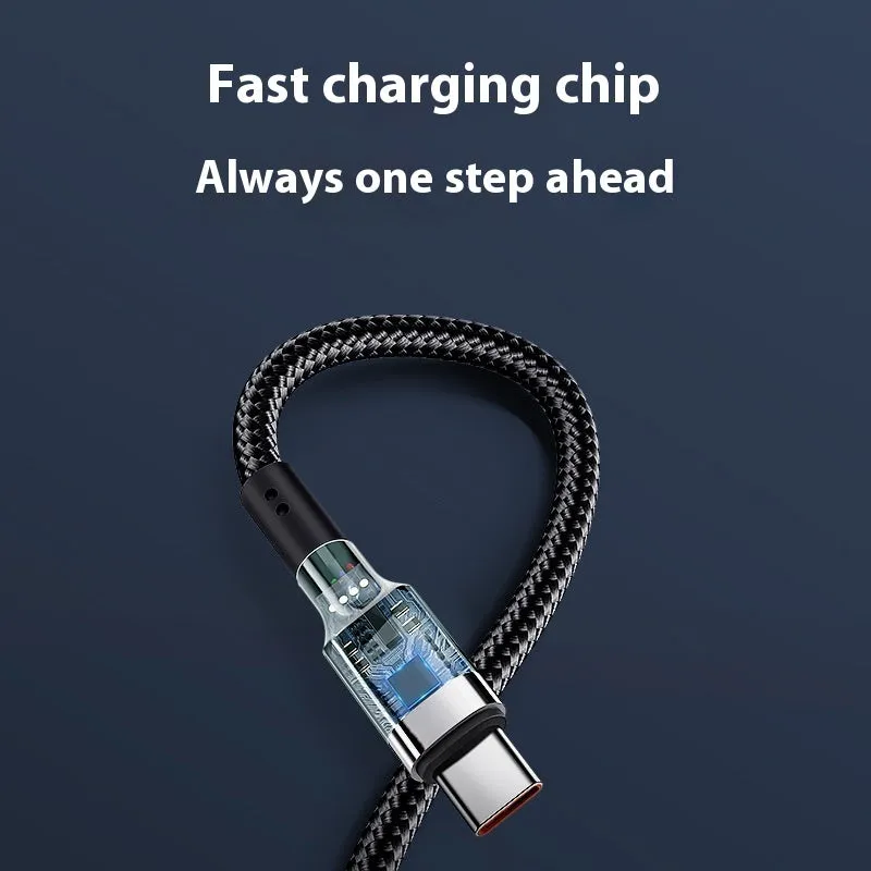 6A double USB Type-C cable 120W fast charge woven braided silver 1m length on white background