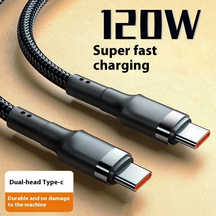 6A double USB Type-C cable 120W fast charge woven braided silver 1m length on white background
