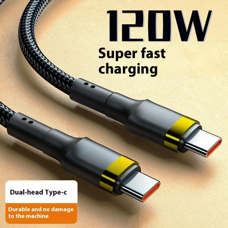 6A double USB Type-C cable 120W fast charge woven braided silver 1m length on white background