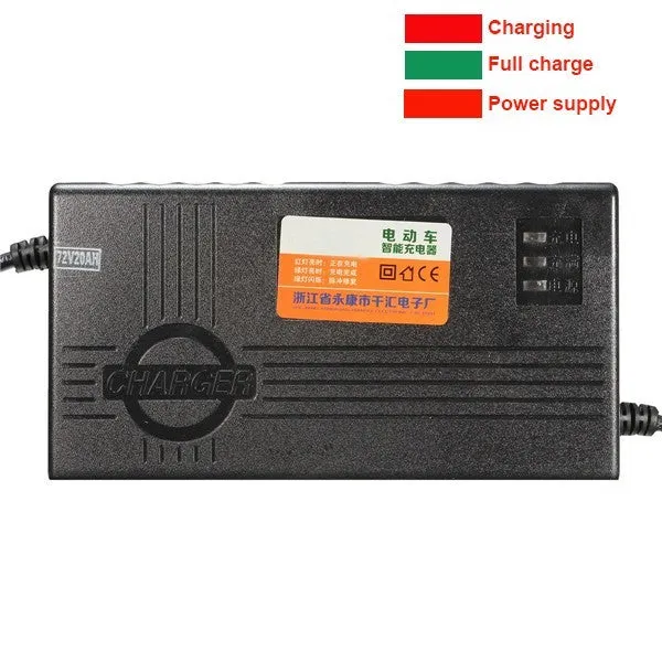 72V20AH electric car charger with compact 165mm design showing charging specifications and plug options