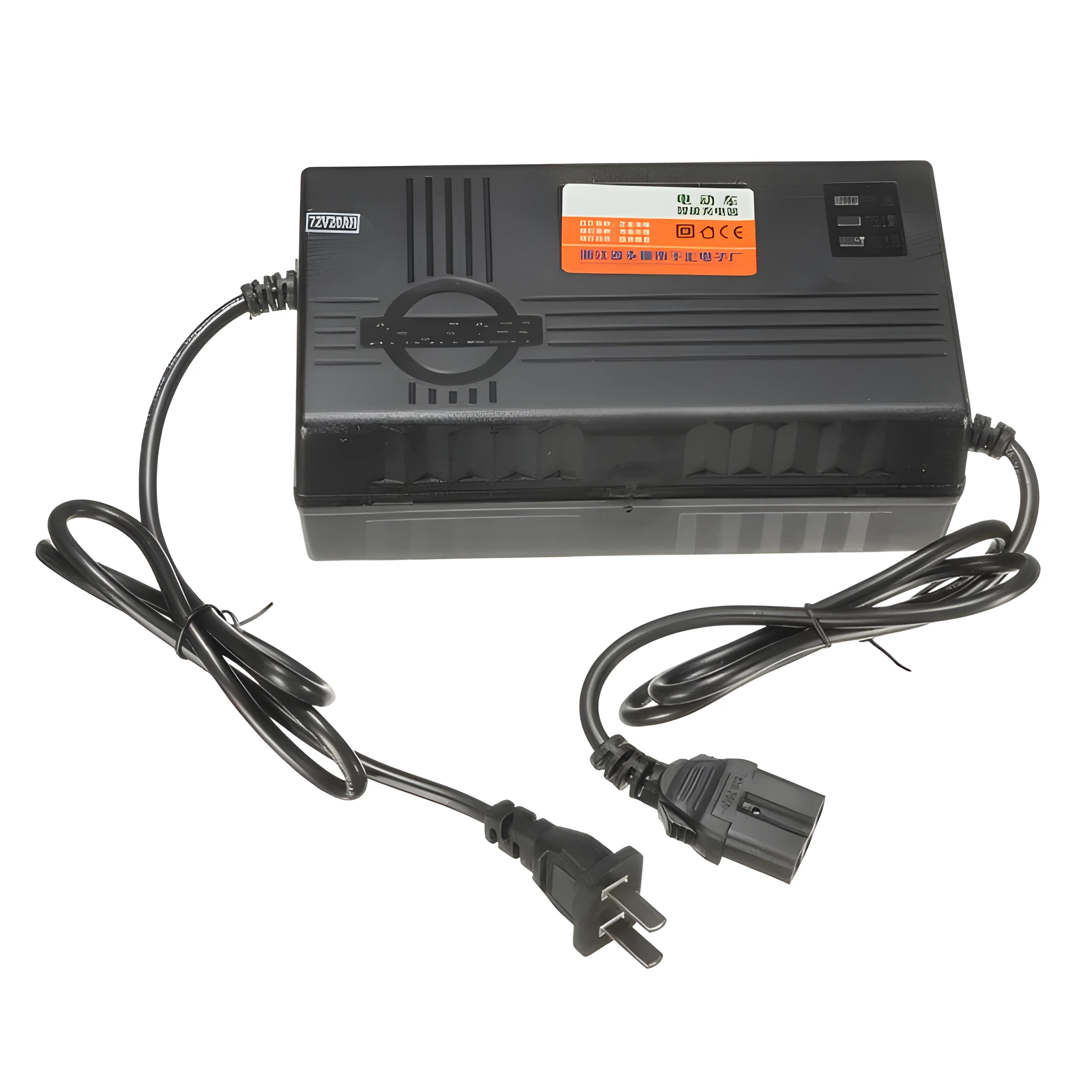 72V20AH electric car charger with compact 165mm design showing charging specifications and plug options