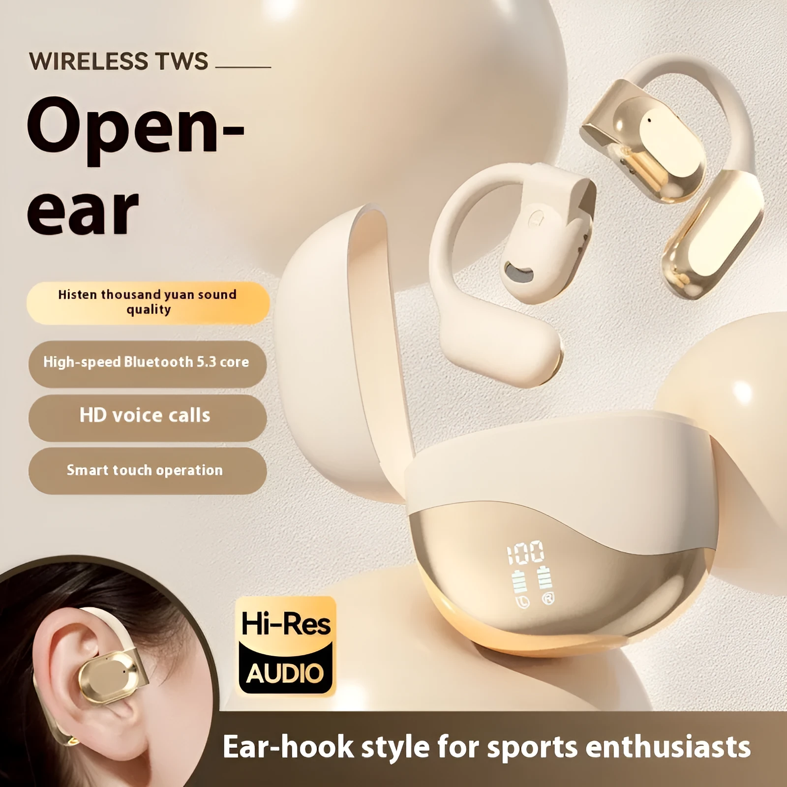 Black non in-ear open Bluetooth headset with digital battery display and ear hook