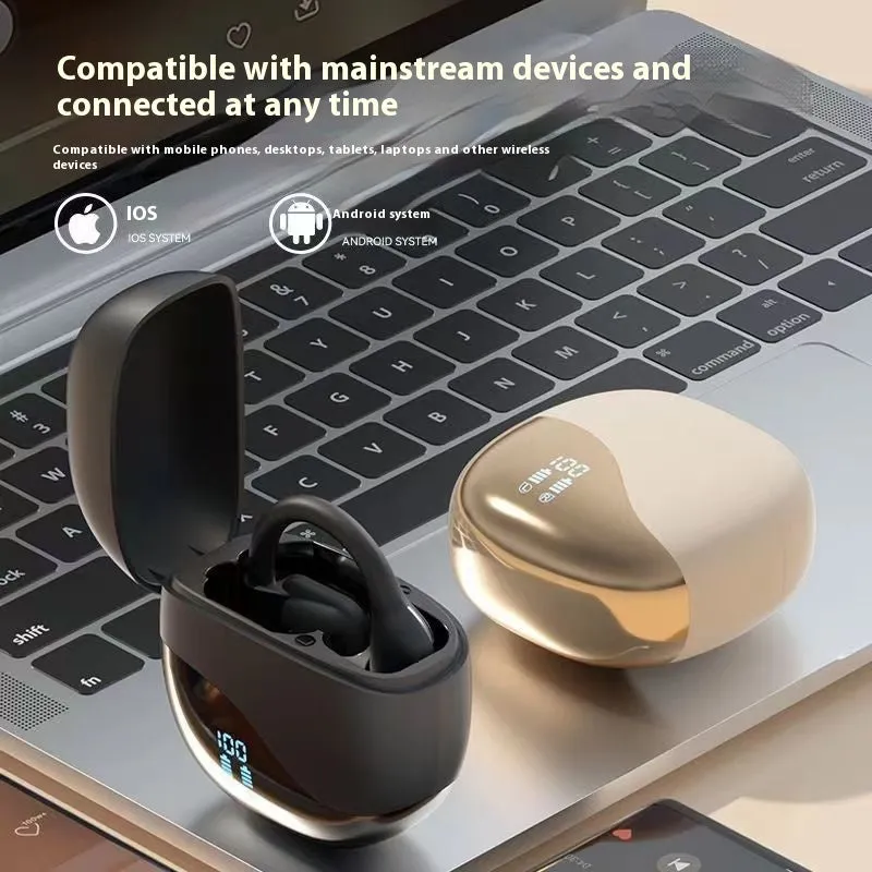 Black non in-ear open Bluetooth headset with digital battery display and ear hook