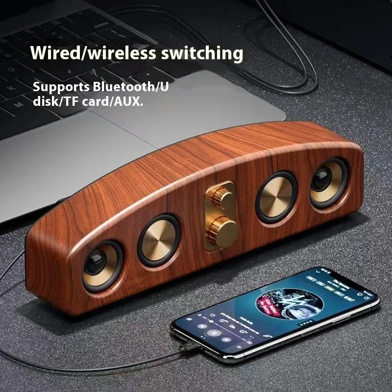 Retro portable Bluetooth speaker in wood grain finish with USB cable, for outdoor use