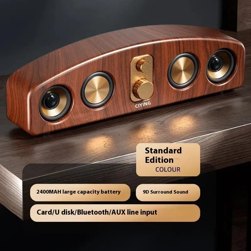 Retro portable Bluetooth speaker in wood grain finish with USB cable, for outdoor use