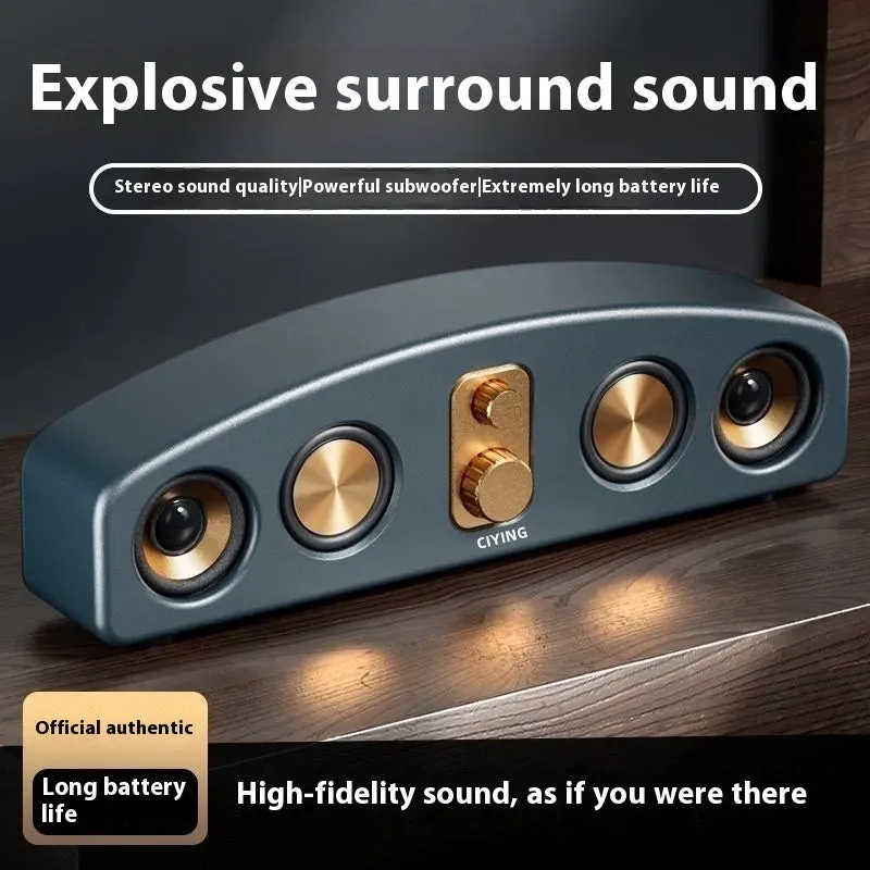 Retro portable Bluetooth speaker in wood grain finish with USB cable, for outdoor use