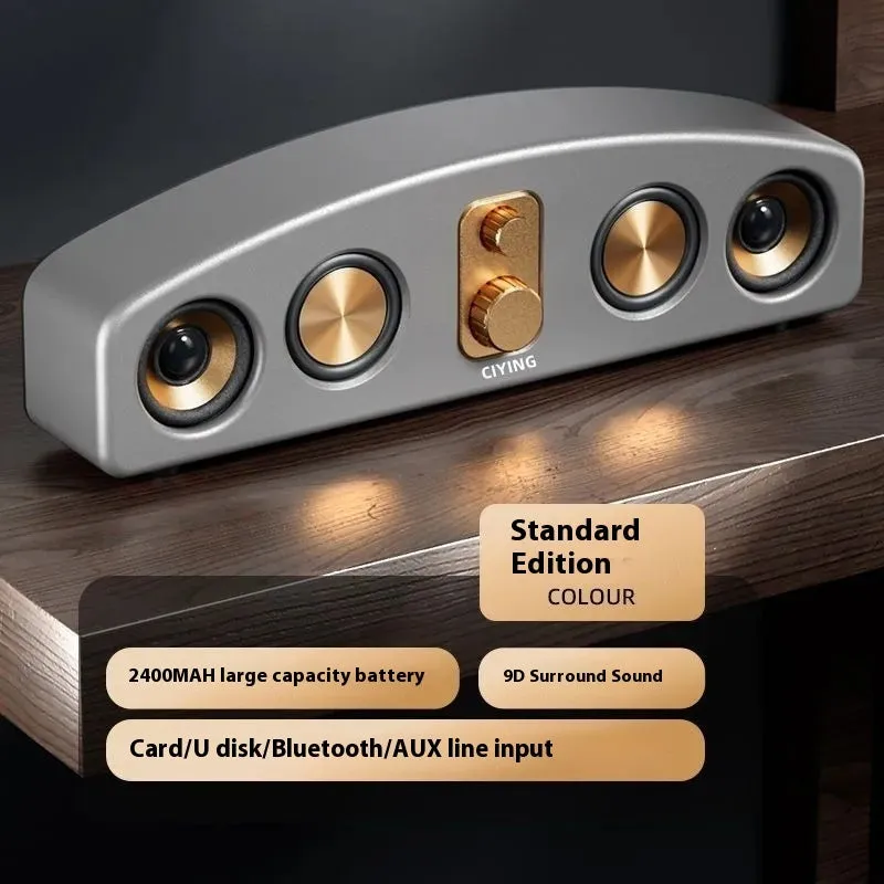 Retro portable Bluetooth speaker in wood grain finish with USB cable, for outdoor use
