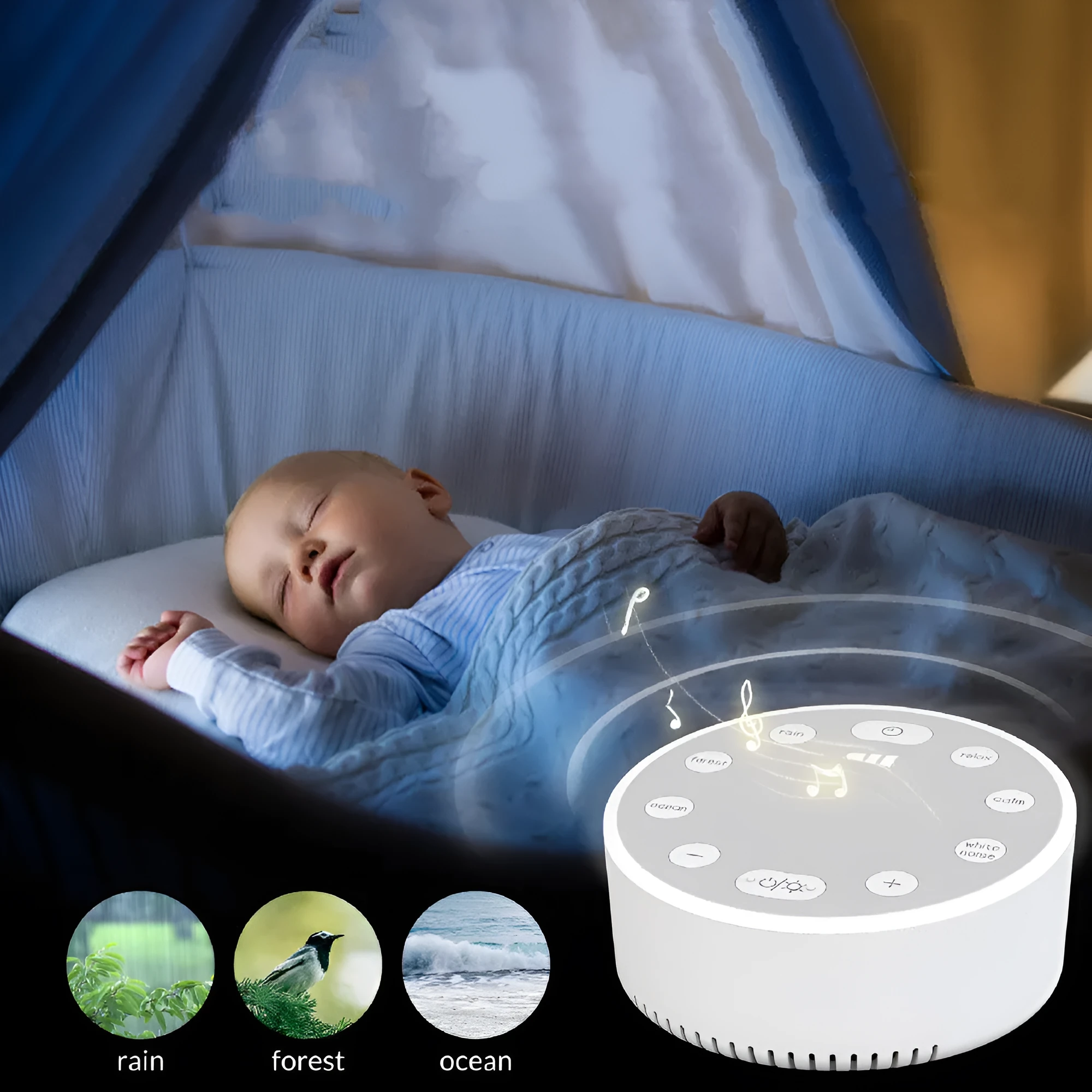 White noise sleeping aid instrument with breathing light in white colour, 80x100mm size, rechargeable sleep monitor