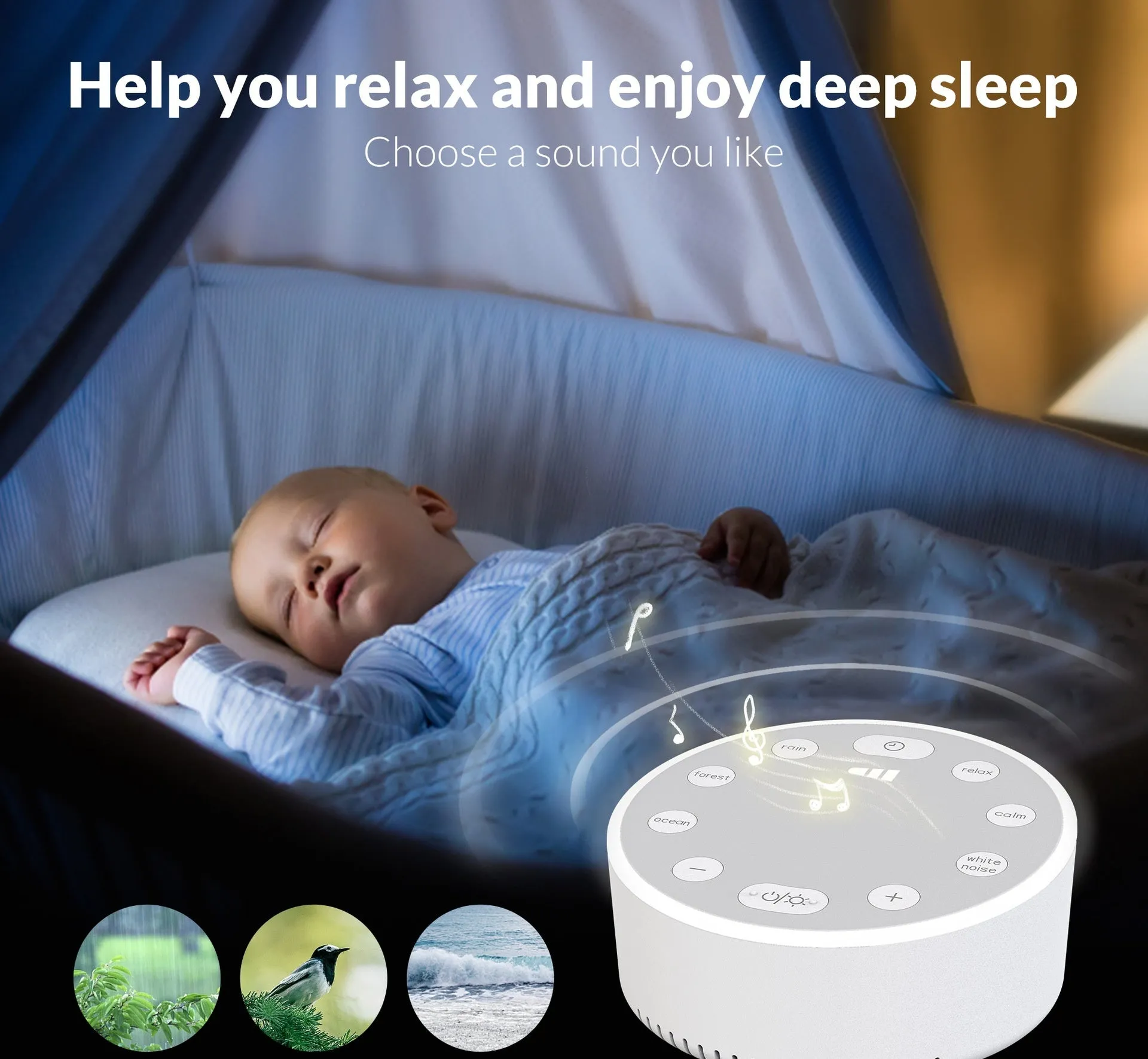 White noise sleeping aid instrument with breathing light in white colour, 80x100mm size, rechargeable sleep monitor