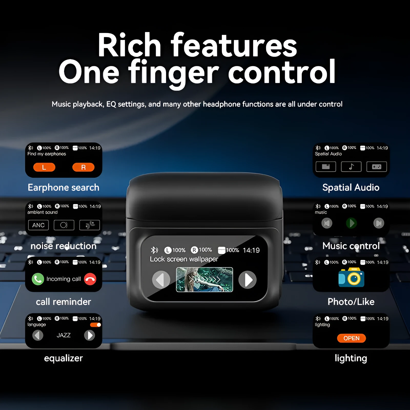 E20PRO touch screen in-ear Bluetooth headset active noise reduction black colour