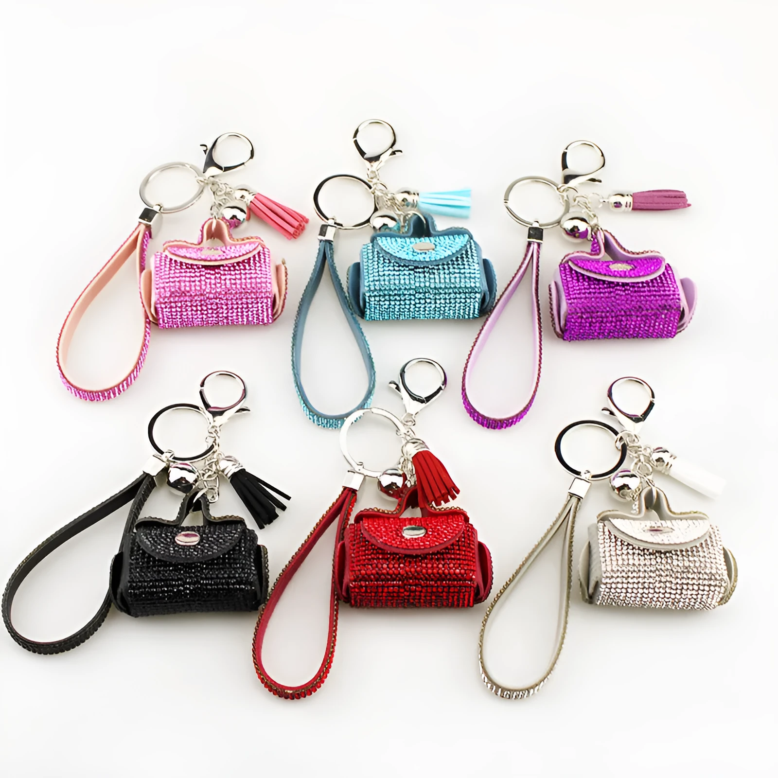 Leather diamond coin purse earphone bag in black with zip closure and keychain pendant