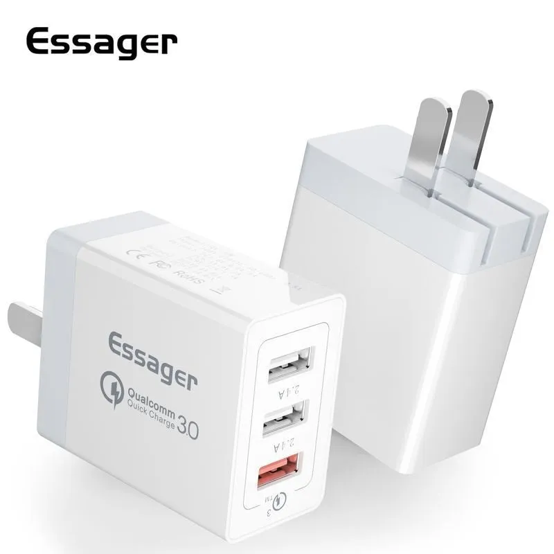 Three-port USB fast charge 30W QC3.0 mobile phone charger in white with EU plug