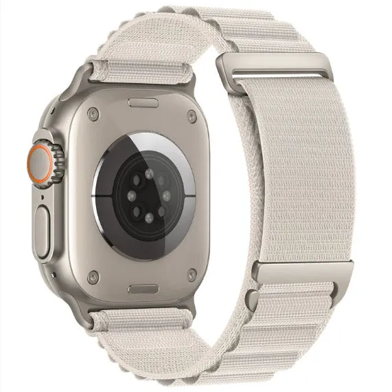 Nylon loop watch strap for Apple Watch with two-section high mountain weave in black colour, fits 38mm to 49mm sizes