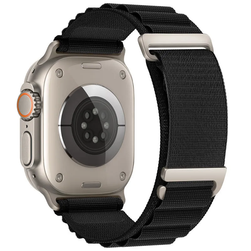 Nylon loop watch strap for Apple Watch with two-section high mountain weave in black colour, fits 38mm to 49mm sizes