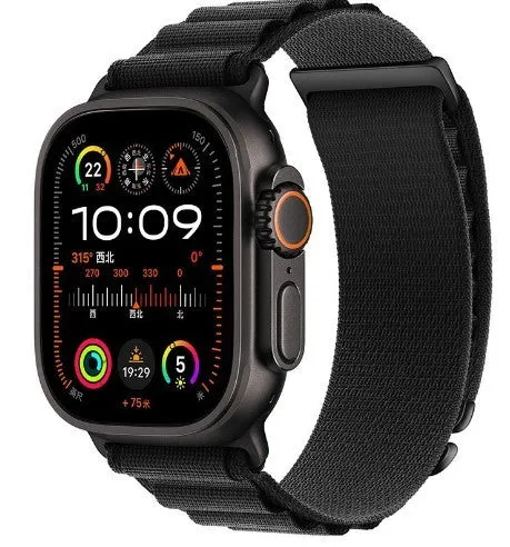 Nylon loop watch strap for Apple Watch with two-section high mountain weave in black colour, fits 38mm to 49mm sizes