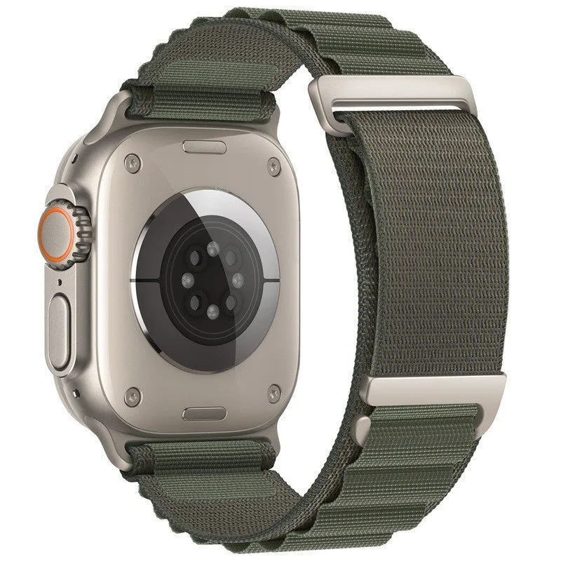 Nylon loop watch strap for Apple Watch with two-section high mountain weave in black colour, fits 38mm to 49mm sizes