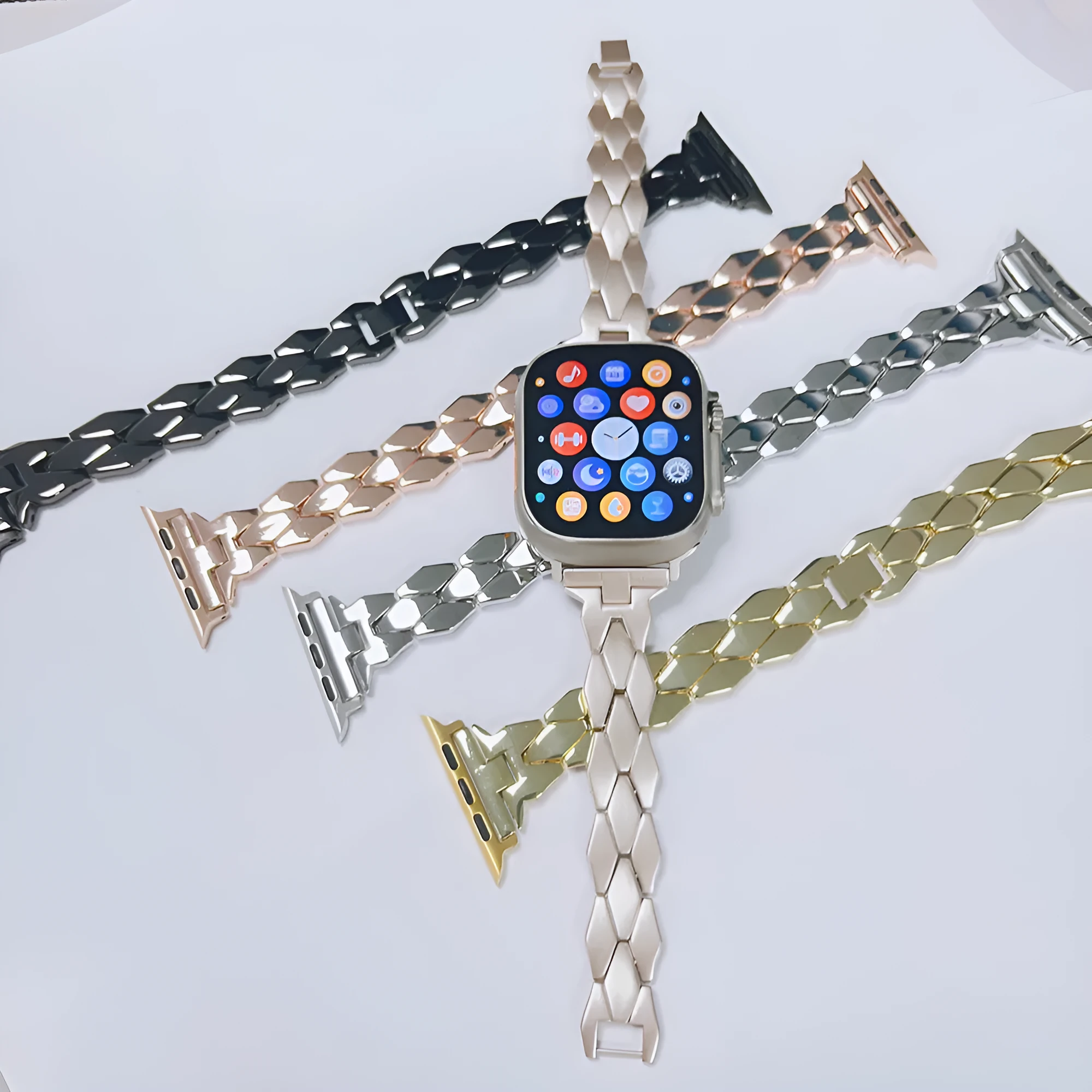 Creative stainless steel diamond solid metal strap for Apple Watch in black colour
