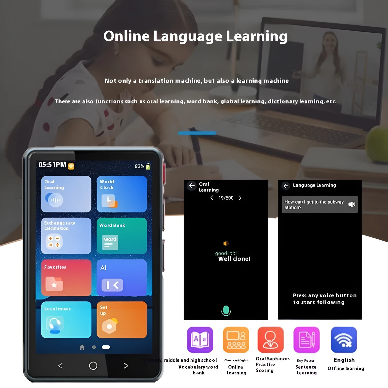 Intelligent offline language translating machine in P40 Black with touchscreen, USB charging, and compact plastic body